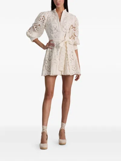 Alice And Olivia Lucy Embroidered Longsleeve Mini Shirt Dress With Tie Belt In White