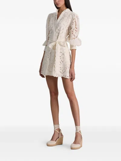 Alice And Olivia Lucy Embroidered Longsleeve Mini Shirt Dress With Tie Belt In White