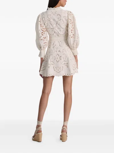 Alice And Olivia Lucy Embroidered Longsleeve Mini Shirt Dress With Tie Belt In White