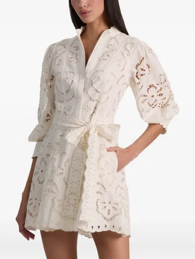 Alice And Olivia Lucy Embroidered Longsleeve Mini Shirt Dress With Tie Belt In White
