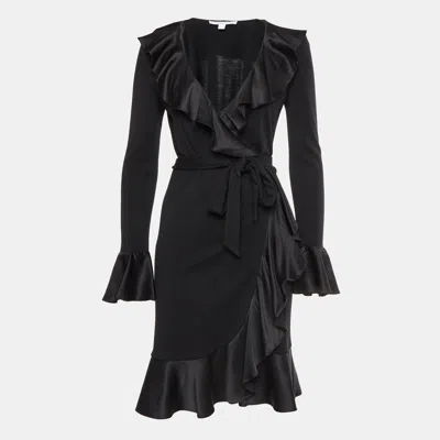 Pre-owned Diane Von Furstenberg Black Jersey And Satin Wrap Midi Dress S