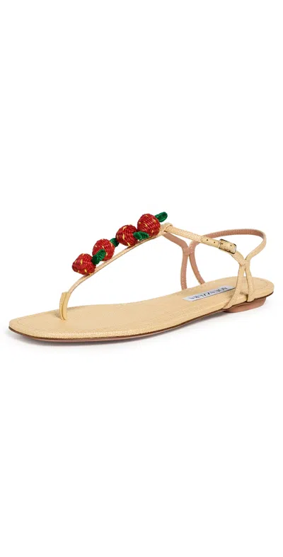 Aquazzura Fragolina Sugar Embellished Raffia-effect Flat Sandals In Neutral