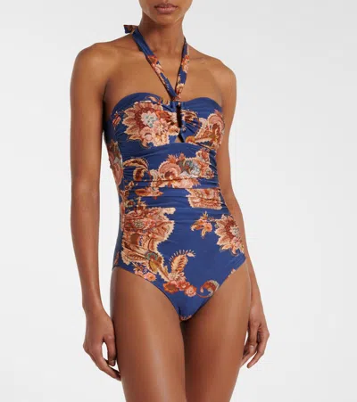 Zimmermann Aster Printed Halterneck Stretch-polyamide Swimsuit In Multi