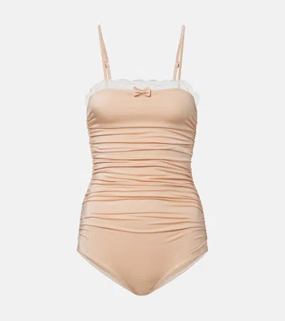 Chloé Lace Trim Ruched Bodysuit Slim Straps In Pink