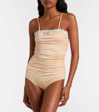 Chloé Lace Trim Ruched Bodysuit Slim Straps In Pink