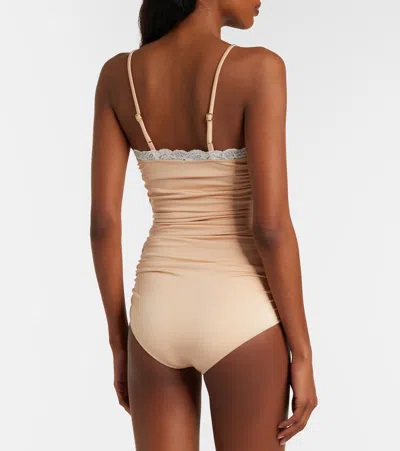 Chloé Lace Trim Ruched Bodysuit Slim Straps In Pink