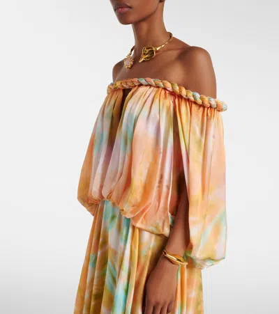 Zimmermann Luna Twist Off-the-shoulder Cutout Gathered Printed Silk-satin Maxi Dress In Orange