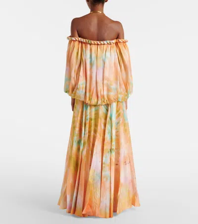 Zimmermann Luna Twist Off-the-shoulder Cutout Gathered Printed Silk-satin Maxi Dress In Orange