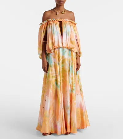 Zimmermann Luna Twist Off-the-shoulder Cutout Gathered Printed Silk-satin Maxi Dress In Orange