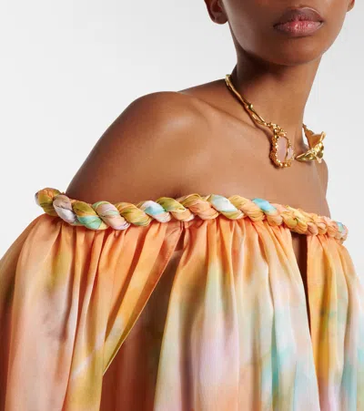 Zimmermann Luna Twist Off-the-shoulder Cutout Gathered Printed Silk-satin Maxi Dress In Orange