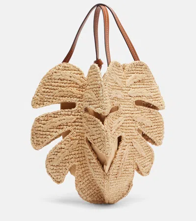 Staud Palm Leather-trimmed Raffia Top-handle Bag In Brown