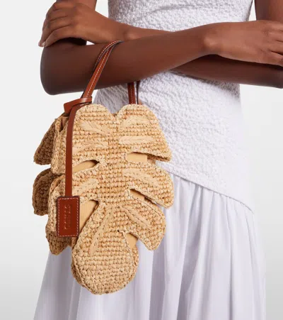 Staud Palm Leather-trimmed Raffia Top-handle Bag In Brown
