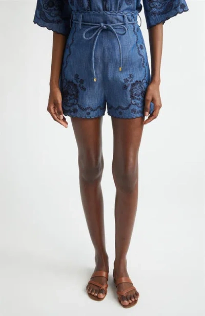 Zimmermann Womens Railway Blue Aster Embroidered Denim Shorts Xs In Blue