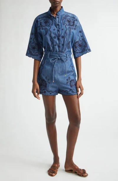 Zimmermann Womens Railway Blue Aster Embroidered Denim Shorts Xs In Blue