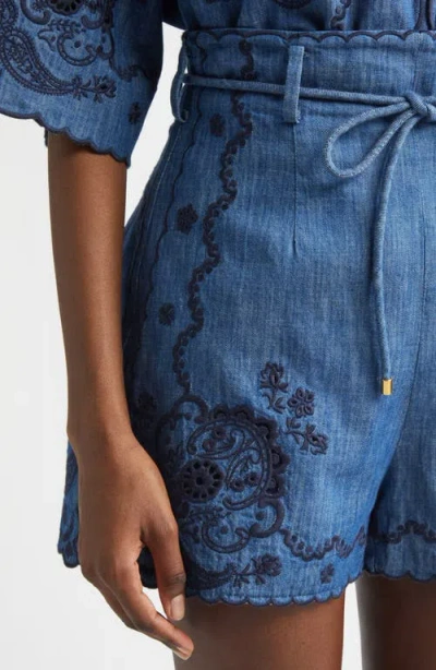 Zimmermann Womens Railway Blue Aster Embroidered Denim Shorts Xs In Blue