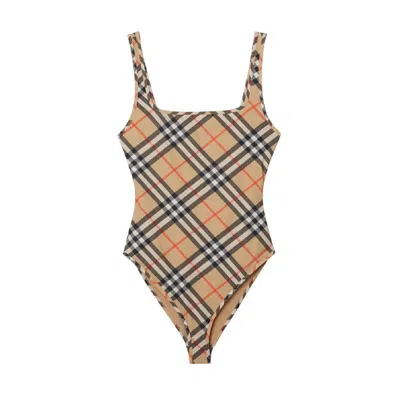 Burberry Scoop Neckline Sleeveless Checkered Beach Bodysuit In Brown