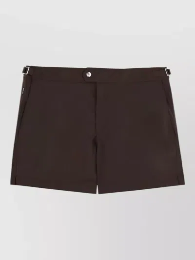 Tom Ford Polyester Flat Front Single Button Swim Shorts In Brown