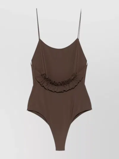 Jacquemus Cabana One Piece Swimsuit High Leg Ruffle In Brown