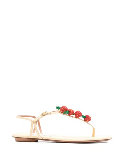 Aquazzura Fragolina Sugar Embellished Raffia-effect Flat Sandals In Neutral