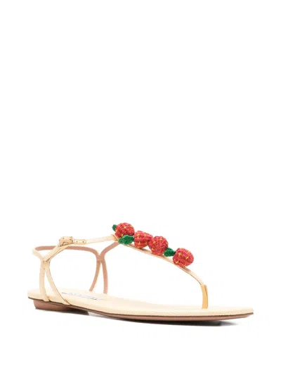 Aquazzura Fragolina Sugar Embellished Raffia-effect Flat Sandals In Neutral