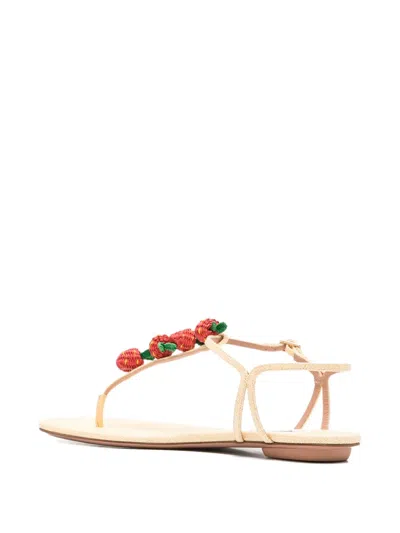 Aquazzura Fragolina Sugar Embellished Raffia-effect Flat Sandals In Neutral
