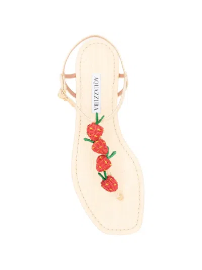 Aquazzura Fragolina Sugar Embellished Raffia-effect Flat Sandals In Neutral