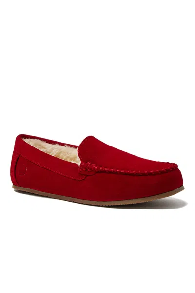 Lands' End Fuzzy Lined Suede Moccasin Slippers In Red