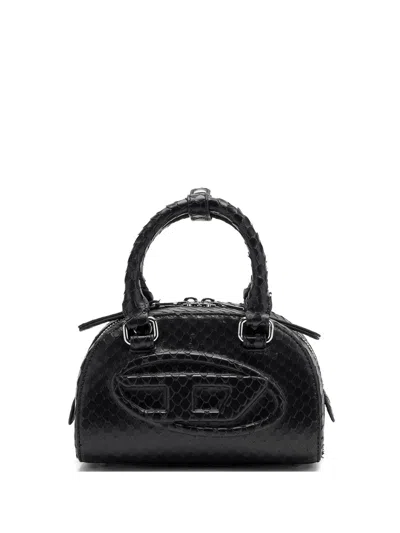 Diesel 1dr Dome-mini Bowling Bag In Snake-effect Leather In Black