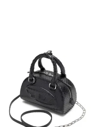 Diesel 1dr Dome-mini Bowling Bag In Snake-effect Leather In Black