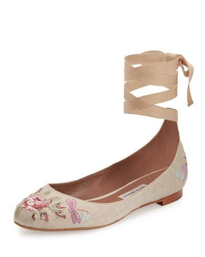 Tabitha Simmons Daria Embroidered Linen Ankle-wrap Flat, Neutral Pattern