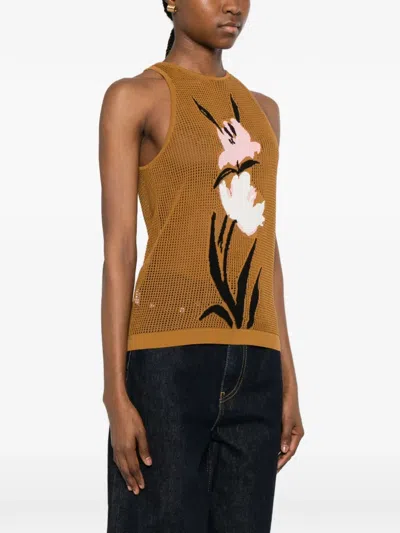 Marni Mesh Knit Top Floral Pattern In Brown