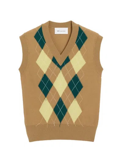 Ami Alexandre Mattiussi Brown Wool And Cotton Argyle Intarsia Sleeveless Sweater Beige