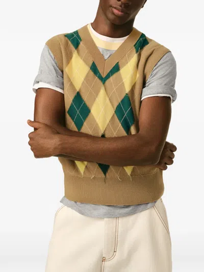 Ami Alexandre Mattiussi Brown Wool And Cotton Argyle Intarsia Sleeveless Sweater Beige