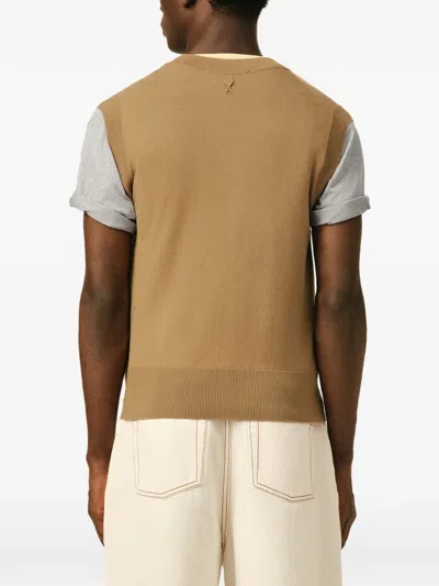 Ami Alexandre Mattiussi Brown Wool And Cotton Argyle Intarsia Sleeveless Sweater Beige