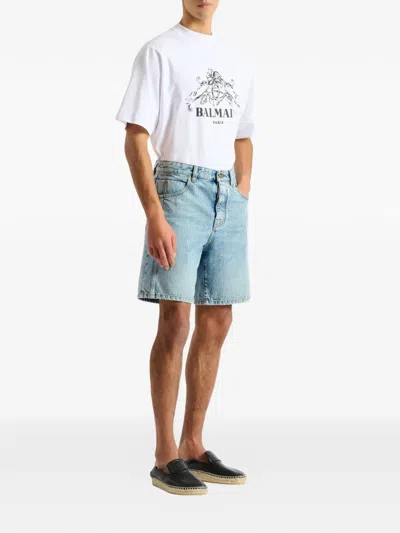 Balmain Light Blue Denim Bermuda Shorts In Blue