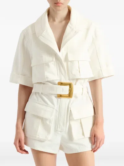 Balmain Belted Denim Playsuit In White