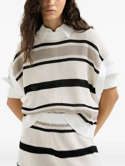 Brunello Cucinelli Striped Cotton Net Knit T-shirt In Multi