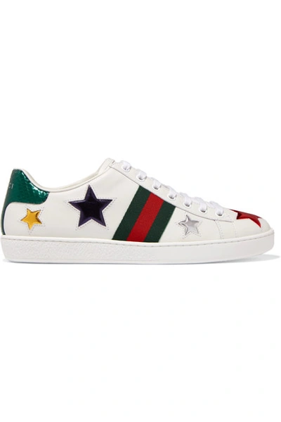 Gucci Ace Metallic Ayers-trimmed Leather Sneakers In White