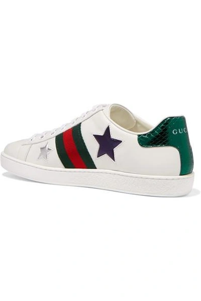 Shop Gucci Ace Metallic Ayers-trimmed Leather Sneakers In White