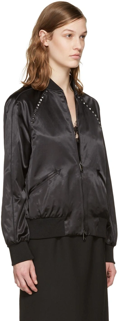 Shop Valentino Black Satin Rockstud Untitled Bomber Jacket