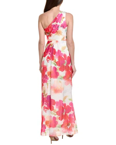 Adrianna Papell One Shoulder Watercolor Floral Stripe Gown In Ivory Pink Multi