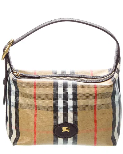 Burberry Women Coated Canvas Handbag With Check Pattern In Nude
