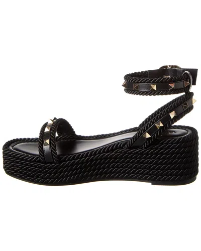 Valentino 45mm Rockstud Torchon Ankle Strap Espadrille Sandals In Black