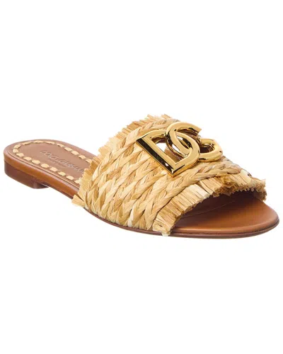 Dolce & Gabbana Women Beige Sandals With Fringed Details And Logo Plaque On The Front In Raffia Woma In Neutral