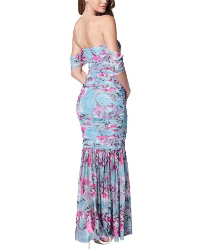 Bebe Off Shoulder Ruched Mesh Gown In Blue
