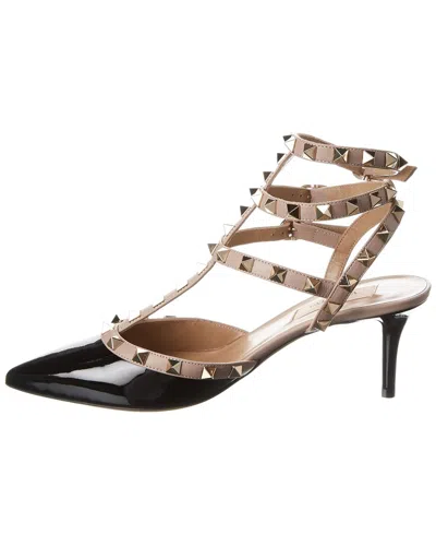 Valentino Rockstud Caged 65 Patent Ankle Strap Pump In Black