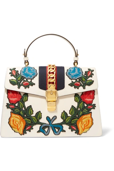 Shop Gucci Sylvie Medium Chain-embellished Appliquéd Leather Tote