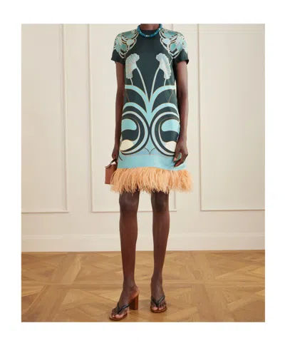 La Doublej Swing Printed Feather-trimmed Silk-twill Mini Dress In Green