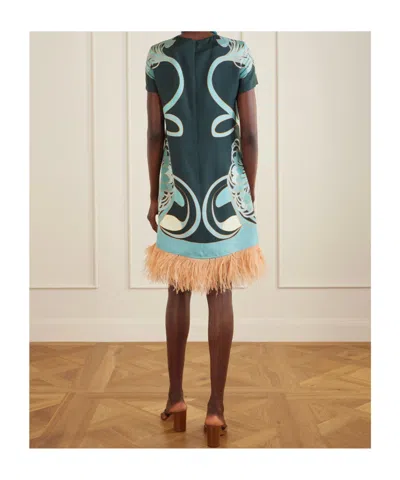 La Doublej Swing Printed Feather-trimmed Silk-twill Mini Dress In Green