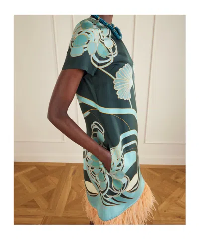 La Doublej Swing Printed Feather-trimmed Silk-twill Mini Dress In Green